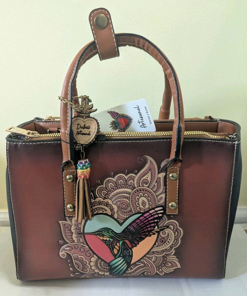 Hand-tooled Mexican brown Faux Leather Bag Satchel Purse Hummingbird NO STRAP